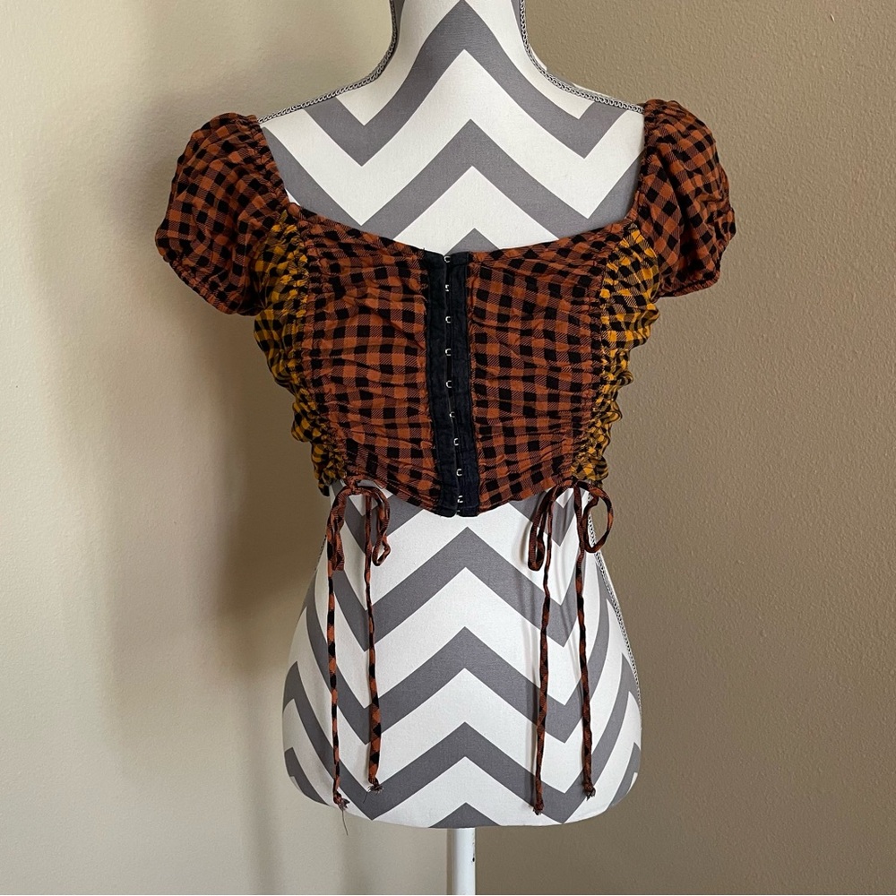 Plaid Ruched Crop Top - Rabbit Rose - Size: Large